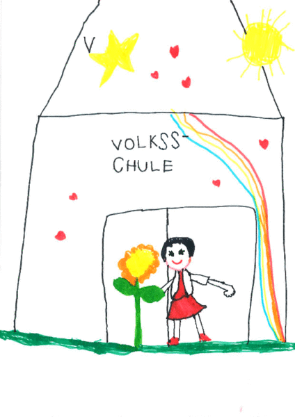 Mit Buntstiften gezeichnetes Bild von der Volksschule, Mädchen im Vordergrund und Sonnenblume