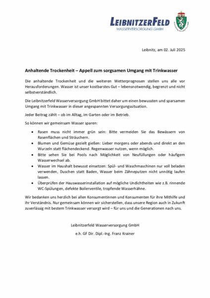 Information - Anhaltende Trockenheit - Leibnitzerfeld WV GmbH