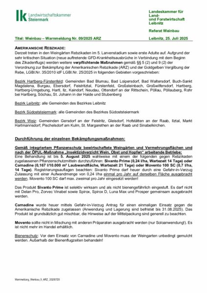 Warnmeldung Weinbau 9 ARZ 20250725