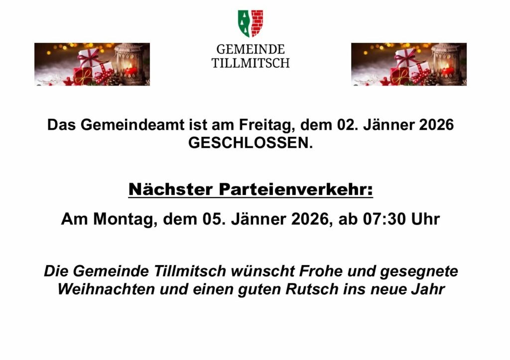 Gemeindeamt geschlossen am 02.01.2026