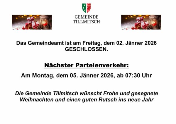 Gemeindeamt geschlossen am 02.01.2026