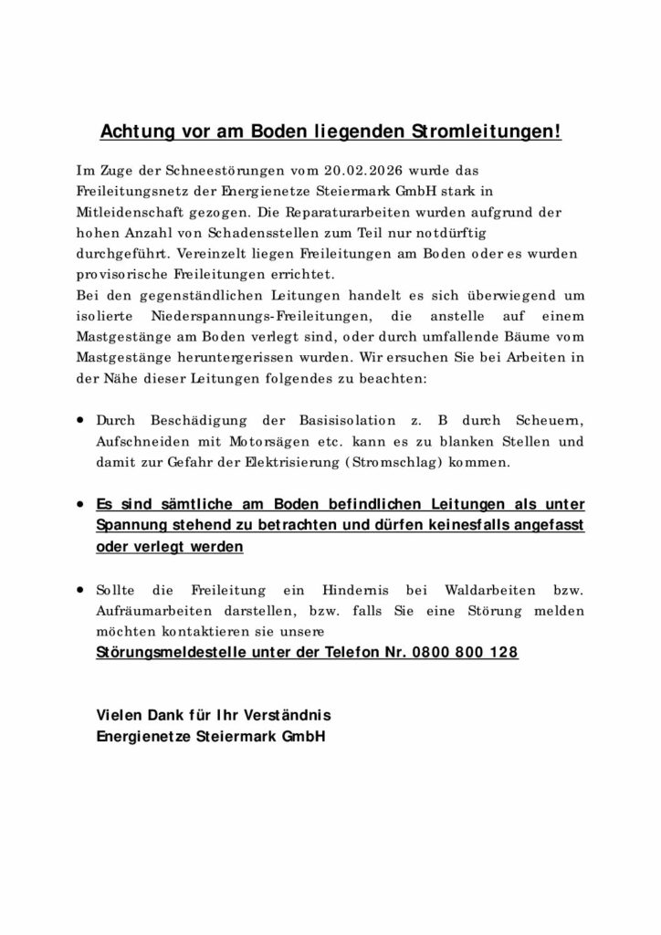 Achtung vor am Boden liegenden Stromleitungen