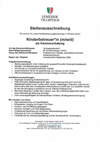 Stellenausschreibung Kiga