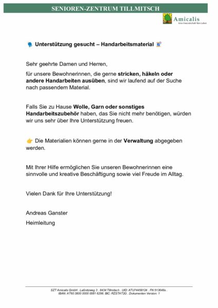 Unstersützung gesucht - Handarbeitsmaterial