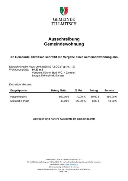 Ausschreibung Gemeindewohnung Dorfstraße 82