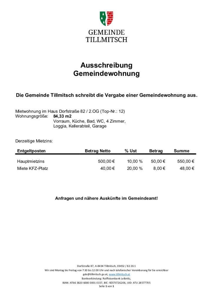 Ausschreibung Gemeindewohnung Dorfstraße 82